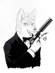 anthro bad_trigger_discipline black_tie_(suit) bow_(feature) bow_tie clothing fur gun handgun holding_gun holding_object holding_ranged_weapon holding_weapon looking_at_viewer male pistol ranged_weapon simple_background solo suit weapon some_(someone) 007 james_bond james_wolf canid canine canis mammal wolf absurd_res black_and_white hi_res monochrome traditional_media_(artwork)