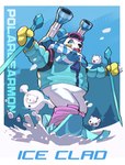 ambiguous_gender anthro belly blue_eyes bottomless clothed clothing coat evolutionary_family eyewear feral fur gloves goggles group handwear parka scarf ski skiing slightly_chubby snow snowman topwear trio white_body white_fur 765nanami bandai_namco digimon digimon_(species) frigimon polarbearmon yukimibotamon absurd_res hi_res