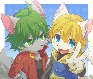 5_fingers anthro black_clothing black_shirt black_topwear blonde_hair blue_eyes clothing duo fingers fur gesture green_eyes green_hair hair hand_gesture hands_on_hips happy hoodie jacket male serious shirt tail topwear unimpressed v_sign white_body white_fur young young_anthro young_male kuzugitsune canid canine canis domestic_cat felid feline felis mammal wolf 2015