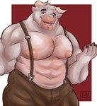 abs anthro belly biceps bottomwear bulge clothing fur horn looking_at_viewer male musclegut muscular muscular_anthro muscular_male nipples pants pecs simple_background slightly_chubby slightly_chubby_anthro slightly_chubby_male smile solo suspenders white_body white_fur kumasaturn2 european_mythology greek_mythology minotaur_hotel mythology asterion_(minotaur_hotel) bovid bovine mammal minotaur hi_res shaded simple_shading