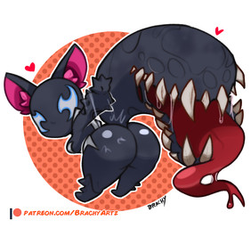 animal_ears animal_tail big_butt big_tail black_body butt empty_eyes female grey_eyes inner_ear_fluff looking_at_viewer red_background sharp_teeth simple_background solo tail tail_mouth teeth thick_thighs tongue tongue_out tuft unusual_anatomy unusual_tail white_background wide_hips brachyzoid marvel marvel_rivals squirrel_girl_(marvel) animal_humanoid humanoid mammal mammal_humanoid rodent rodent_humanoid sciurid sciurid_humanoid symbiote tree_squirrel_humanoid