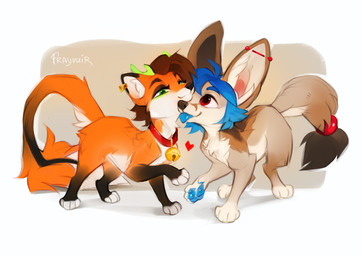 ambiguous_gender duo ear_piercing feet feral front_view fur hair horn inner_ear_fluff paws piercing simple_background smile standing tail toes tongue tuft reysi canid canine fox mammal 2026 digital_drawing_(artwork) digital_media_(artwork)