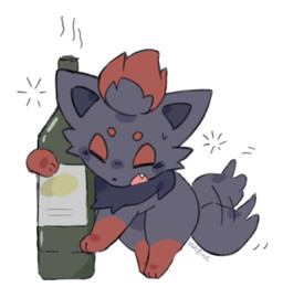 alcohol ambiguous_gender beverage black_body black_fur circle_eyebrows drunk eyebrows feral fur leg_markings markings red_body red_fur socks_(marking) solo substance_intoxication tail tail_motion text wine_bottle whtink nintendo pokemon canid generation_5_pokemon mammal pokemon_(species) zorua artist_name