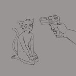 anthro blush duo gun imminent_danger imminent_death kneeling male pointing_gun ranged_weapon solo_focus weapon angxlmeat domestic_cat felid feline felis mammal 1:1 absurd_res digital_drawing_(artwork) digital_media_(artwork) hi_res monochrome