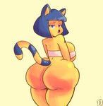 anthro big_breasts big_butt blue_eyes blue_hair breasts butt clothing female hair half-closed_eyes huge_butt looking_at_viewer looking_back looking_back_at_viewer markings narrowed_eyes solo striped_markings striped_tail stripes tail tail_markings thick_thighs topwear yellow_body robnashe animal_crossing nintendo ankha_(animal_crossing) domestic_cat felid feline felis mammal hi_res