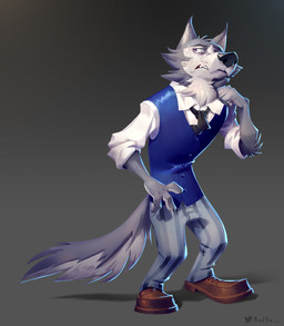 anthro arm_tuft bodily_fluids bottomwear clenched_teeth clothing collared_shirt constricted_pupils dress_shirt fluffy fluffy_tail footwear fur grey_body grey_fur hand_on_chin long_tail looking_up male multicolored_body multicolored_fur neck_tuft necktie pants pupils shirt shoes simple_background small_pupils snout solo sweat tail teeth thinking topwear tuft tuxedo_vest two_tone_body two_tone_fur white_body white_fur yellow_eyes ruffu beastars legoshi_(beastars) canid canine canis mammal wolf digital_drawing_(artwork) digital_media_(artwork) hi_res