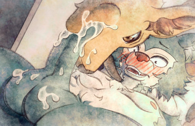 anime_style anthro antlers balls big_balls big_penis blush blush_lines bodily_fluids close-up clothed clothing cum cum_in_mouth cum_inside cum_on_face cum_on_penis duo ejaculation erection fellatio fur genital_fluids genitals grey_balls grey_body grey_fur grey_penis horn male male/male nipples nude open_mouth oral oral_only orange_body orange_fur penile penis pink_nipples sex shocked teeth text tongue white_body white_fur rispi beastars legoshi_(beastars) louis_(beastars) canid canine canis cervine deer mammal red_deer wolf hi_res