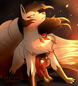 accessory black_body black_fur claws duo feral fire fur grey_body grey_fur jewelry leg_markings markings multi_tail necklace red_body red_claws red_fur simple_background socks_(marking) standing_over tail sketchygarden nintendo pokemon evelyn_maybreak tasha_maybreak canid canine canis fox generation_1_pokemon mammal ninetales pokemon_(species) vulpix digital_media_(artwork) hi_res female_(lore)