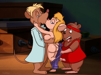 anthro anthro_on_anthro big_breasts breasts brown_body brown_fur clothing feet female fur grey_clothing group hair hanging_breasts imminent_sex kissing laboratory light_body light_skin long_hair looking_back looking_pleasured male male/female mostly_nude nipples nude open_mouth orange_hair pink_nose red_nose soles standing toes tongue tongue_out toony trio vylfgor chip_'n_dale_rescue_rangers disney gadget_hackwrench mammal mouse murid murine rat rodent 2025 digital_media_(artwork) hi_res