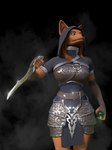 anthro armor assassin bottle clothing container dagger fantasy fantasy_weapon female hood melee_weapon pattern_clothing poison raised_arm solo weapon lapushis canid canine fox mammal 3d_(artwork) absurd_res digital_media_(artwork) hi_res