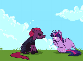 ambiguous_gender armor broken_horn cloud facial_scar female feral horn scar windswept_hair wings maxiima friendship_is_magic hasbro my_little_pony my_little_pony:_the_movie_(2017) mythology tempest_shadow_(mlp) twilight_sparkle_(mlp) equid equine mammal mythological_creature mythological_equine unicorn winged_unicorn animated