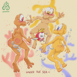 3_toes anthro bubble bubble_censorship butt convenient_censorship feet group holding_breath male nude pose sea soles swimming tail toes trio underwater water zyasixpear mario_bros nintendo kooblu_(zyasixpear) redkoo_(zyasixpear) yellku_(zyasixpear) cheep_cheep koopa koopa_troopa reptile scalie tortoise turtle 1:1 absurd_res hi_res pinup