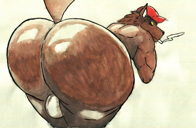 anthro balls big_butt brown_body brown_fur butt cigarette clothing fur genitals hat hat_only headgear headgear_only headwear headwear_only huge_butt hyper hyper_butt looking_back male mostly_nude muscular muscular_anthro muscular_male pose simple_background smoking solo thick_thighs yellow_eyes crazy_company mythology bubba_the_redneck_werewolf canid canine mammal mythological_canine mythological_creature werecanid werecanine werecreature werewolf 2019 hi_res traditional_media_(artwork)