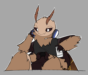 4_arms antennae_(anatomy) anthro biped black_body black_sclera brown_body brown_fur controller electronics fur grey_background headphones headphones_around_neck insect_wings kintsugi_(art) lepidopteran_wings male multi_arm multi_limb neck_tuft simple_background sitting solo tuft white_eyes wings komododonnie04 monster_energy floof_(binaryfloof) arthropod insect lepidopteran moth hi_res