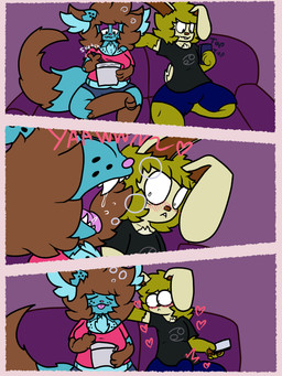 becoming_erect black_spots blue_body blue_fur blush blushing_profusely bodily_fluids brown_body brown_fur clothed clothing drooling duo erection erection_under_clothing fluffy fluffy_chest fluffy_ears fluffy_hair fluffy_tail fully_clothed fur hair open_mouth saliva sharp_teeth spots tail teeth tongue tongue_out wide_eyed yawn yellow_body yellow_fur chibitay homestuck ms_paint_adventures biscuit_(chibitay) chibi_(chibitay) domestic_cat felid feline felis lagomorph leporid mammal rabbit translop translynx 3:4 absurd_res comic hi_res