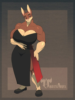 anthro biceps big_breasts breasts brown_body brown_fur clothing deltoids dress eyelashes female forearm_muscles fur gold_(metal) gold_jewelry huge_breasts jewelry long_eyelashes muscular muscular_anthro muscular_female pecs pecs_with_breasts red_eyes ring slit_dress solo thick_thighs trapezius triceps wide_hips neosavias tracy_porter canid canine canis dobermann domestic_dog mammal pinscher 3:4 hi_res