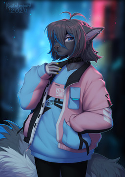 ambiguous_gender anthro black_body black_bottomwear black_clothing black_collar black_fur black_hair black_pants blue_clothing blue_eyes blue_shirt blue_topwear blurred_background bottomwear clothed clothing collar colored_nails fluffy fluffy_tail fur hair inner_ear_fluff jacket looking_aside looking_at_viewer nails night outside pants pink_clothing pink_jacket pink_topwear shirt solo standing tail topwear tuft kyotoleopard domestic_cat felid feline felis mammal 2024 absurd_res colored hi_res portrait shaded three-quarter_portrait