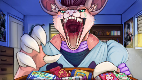 ambiguous_gender anthro blue_clothing blue_topwear bodily_fluids cheek_tuft clothed clothing eyelashes facial_tuft front_view fur glistening glistening_eyes green_eyes hair inside mouth_shot narrowed_eyes open_mouth pink_body pink_fur purple_hair red_tongue saliva saliva_string solo sweets tongue topwear tuft unsigned acidic armadillo mammal xenarthran 16:9 widescreen