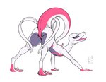 2023 all_fours anthro anthrofied anus ass_up digitigrade ecmajor eyelashes female flat_chested generation_7_pokemon genitals half-closed_eyes inviting long_toes looking_at_viewer looking_back narrowed_eyes nintendo nude pokemon pokemon_(species) presenting pupils purple_eyes pussy raised_tail salazzle seductive shiny_pokemon simple_background slit_pupils solo tail tiptoes white_background