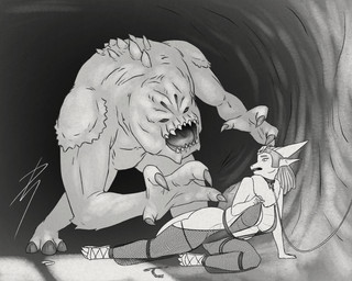 3_toes 4_claws 4_fingers ambiguous_gender anthro belly big_breasts breasts claws clothed clothed_anthro clothed_female clothing collar duo eyebrows feet female female_anthro feral fingers fishnet_clothing hair leash non-mammal_breasts peril scales skimpy thick_thighs toes translucent translucent_clothing ventral_scales wide_hips deviantstyle may_the_4th mythology star_wars louness_astaria oola pateesa dragon mythological_creature mythological_scalie rancor scalie 2024 5:4 colored greyscale hi_res monochrome