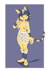 anthro barely_visible_genitalia barely_visible_pussy blush breasts claws clothing egyptian egyptian_clothing erect_nipples female genitals looking_aside looking_away mummy_wrappings nipples pussy simple_background solo standing jokoifu animal_crossing nintendo ankha_(animal_crossing) domestic_cat felid feline felis mammal 2020 hi_res