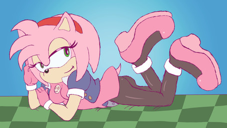 accessory anklet anthro breasts butt checkered checkered_floor clothing cosplay dress female footwear gloves green_eyes hair_accessory hairband handwear jacket jewelry legs_up legwear lying lying_on_ground medium_breasts metal on_front on_ground pantyhose pink_body shoes solo tail thin_calves thin_legs thin_thighs topwear inquisitiveraven capcom mega_man_(series) mega_man_legends sega sonic_the_hedgehog_(series) amy_rose tron_bonne eulipotyphlan hedgehog mammal 16:9 hi_res widescreen
