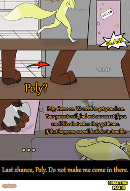 age_difference anthro babysitter bathroom bed bedroom blonde_hair blue_eyes bodily_fluids brown_body brown_fur claws crying curled_up decoration dialogue digitigrade door door_handle doorknob duo eyewear female fur furniture glasses glint hair hiding_behind_tail inside locked locked_door loli male male/female nude pawpads paws poster running scared sigh sign slam star tears text yellow_body yellow_fur young young_anthro young_female younger_female coffeekit hannah_(coffeekit) ollie(coffeekit) polymorph canid canine fox mammal absurd_res comic english_text hi_res