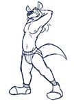 anthro big_feet clothed clothing feet footwear hands_behind_head jockstrap male nipples open_mouth simple_background smile socks solo teeth_showing text topless underwear white_background otterdownunder ziggy_(otterdownunder) mammal mustelid otter black_and_white blue_and_white monochrome