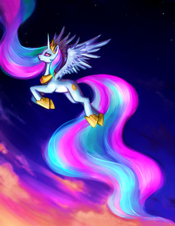 crown cutie_mark feathered_wings feathers female feral flying gold_(metal) hair headgear horn jewelry multicolored_hair necklace outside princess purple_eyes quadruped royalty sky solo star sunset tail white_body white_feathers wings nyarmarr friendship_is_magic hasbro my_little_pony mythology princess_celestia_(mlp) equid equine mammal mythological_creature mythological_equine winged_unicorn 2012 hi_res