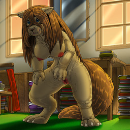 5_claws 5_fingers 5_toes anthro areola big_breasts biped blue_eyes book breasts brown_tail claws clitoris detailed_background digitigrade fangs feet female finger_claws fingers front_view fur furniture genitals hair inside light light_beam long_hair mirror nipples nude nude_anthro nude_female pile_of_books pink_areola pink_clitoris pink_nipples pink_vulva smile snout solo standing sunbeam sunlight table tail tan_body tan_breasts tan_claws tan_ears tan_fur teeth toe_claws toes vulva white_claws window wood wood_furniture wood_table kitsune_youkai fullmetal_alchemist nina_tucker canid canine canis chimera domestic_dog mammal tucker_chimera_(fma) 1:1 2026 digital_media_(artwork)