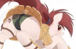 2019 armor blush brown_eyes butt clothed clothing duo earth_pony equid equine fan_character female feral hair hasbro hi_res horse macro mammal my_little_pony ncmares open_mouth panties pony simple_background size_difference underwear upskirt white_background