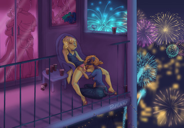 5_fingers accessory anthro balcony black_and_tan black_body black_fur blonde_hair bodily_fluids bottomwear brown_eyes chair claws clothed clothing clothing_aside cunnilingus denim denim_bottomwear denim_clothing dress drooling drunk duo female female/female fingers fireworks floppy_ears fur furniture hair hair_accessory hairband holidays hug jeans lapping masturbation oral orange_hair outside outside_sex panties panties_aside pants party party_sex plant ponytail red_solo_cup saliva sex short_tail shortstack sleep_molestation sleep_sex sleeping spread_legs spreading substance_intoxication tail thong thong_aside tired unconscious underwear underwear_aside vaginal voyeur yellow_body yellow_fur purliwhite new_year new_year_2026 raylee_(purliwhite) bird_dog canid canine canis domestic_dog golden_retriever hunting_dog mammal mastiff molosser retriever rottweiler hi_res