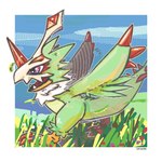 anthro claws feathers feet fluffy green_body green_feathers male mask neck_tuft purple_eyes running solo talons text toes tuft wings notaventura bandai_namco digimon avian bird 1:1 english_text hi_res