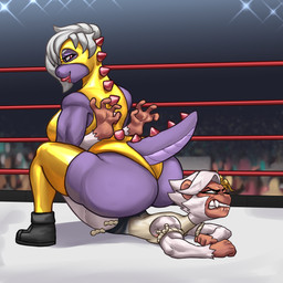 anthro big_breasts big_butt boston_crab breast_squish breasts butt clenched_teeth crowd duo_focus female fighting_ring group lying mask multicolored_body multicolored_scales non-mammal_breasts on_front scales size_difference small_breasts sports_mask sportswear squish submission_hold teeth thick_thighs two_tone_body two_tone_scales wide_hips wrestling wrestling_mask hexecat dinosaur haplorhine mammal monkey prehistoric_species primate reptile scalie 1:1 absurd_res hi_res