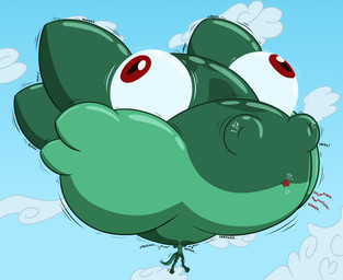 3_toes air_inflation anthro big_head breasts countershading featureless_breasts feet female floating green_body hand_on_own_head head_inflation huge_head hyper hyper_head inflation navel nude nude_anthro nude_female red_eyes sky solo tail text toes spezza lizard reptile scalie 2017 digital_media_(artwork) hi_res shaded