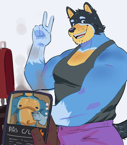 5_fingers anthro barazoku black_clothing black_nose black_shirt black_tank_top black_topwear blue_body blue_fur bottomwear cellphone clothed clothing dating_app dating_profile electronics eyebrows facial_hair fingers fur gesture gloves_(marking) grill grilling hand_gesture holding_cellphone holding_object holding_phone male markings mature_anthro mature_male mostly_offscreen_character pants phone photo purple_bottomwear purple_clothing purple_pants ruined_reputation selfie shirt simple_background smartphone solo stated_homosexuality stated_sexuality tail tank_top topless topless_anthro topless_male topwear v_sign white_background bakunomily2 bluey_(series) bandit_heeler australian_cattle_dog canid canine canis cattledog domestic_dog herding_dog mammal pastoral_dog 2025 absurd_res english_description hi_res