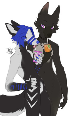 anthro biped breasts claws duo female fingers front_view fur hair male navel nude nude_anthro nude_female nude_male simple_background smile standing stripes tail tongue togaed canid canine canis mammal wolf 2026 absurd_res digital_drawing_(artwork) digital_media_(artwork) hi_res