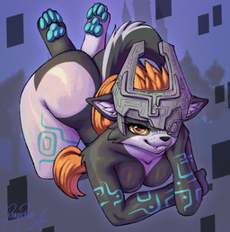 alternate_species anthro armor ass_up big_butt breast_squish breasts butt clothing crossed_ankles fangs female furrification fused_shadow green_markings hair hand_under_chin headgear headwear helmet inner_ear_fluff looking_at_viewer lying markings multicolored_body nude on_front one_eye_obstructed orange_hair pawpads red_eyes solo squish tail teeth thick_thighs tuft two_tone_body yellow_sclera rakurawr nintendo the_legend_of_zelda twilight_princess midna wolf_midna canid canine canis mammal wolf hi_res signature