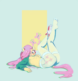 anthro biped clothed clothing clothing_lift female legwear lying pantyhose shirt shirt_lift solo text topwear drafthoof friendship_is_magic hasbro my_little_pony fluttershy_(mlp) equid equine horse mammal pony 2022 artist_name dated digital_media_(artwork) digital_painting_(artwork) hi_res painting_(artwork) shaded simple_shading