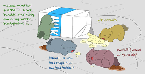 ambiguous_feral ambiguous_gender baby_talk brown_body brown_fur brown_tail color_coded_text container dialogue diarrhea eating eyes_closed featureless_crotch featureless_feet featureless_hands feces feet feral fur green_body green_fur green_tail grey_body grey_fur grey_tail group lying micro milk milk_carton milk_container neonate on_front on_side open_mouth pain pained_expression red_body red_fur red_tail rotting suffering tail text young young_ambiguous young_feral carpdime fluffy_pony fluffy_pony_(species) mammal digital_media_(artwork) english_text flat_colors