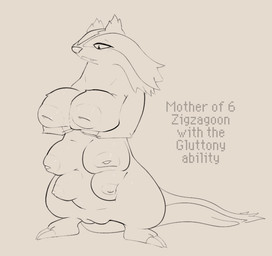 6_breasts areola big_breasts breasts busty_feral claws female feral fur genitals holding_breast inverted_nipples looking_down looking_down_at_self multi_breast narrowed_eyes nipples snaggle_tooth solo standing tail text vulva pinnipip nintendo pokemon generation_3_pokemon linoone pokemon_(species) english_text monochrome