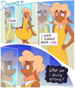 3_panel_comic anthro black_eyebrows black_text blue_eyes blue_text border brown_body brown_fur clothed clothed_anthro clothed_male clothing crossdressing crossdressing_male curtains detailed_background dress eyebrows eyelashes femboy fur gradient_background hair heart_after_text heart_symbol looking_at_mirror looking_at_object male mirror mirror_reflection narrowed_eyes open_mouth pink_text polka_dot_dress polka_dots reflection sad simple_background solo standing tail tan_hair teary_eyes text thought_bubble white_border white_text yellow_clothing yellow_dress heresvix dani_(heresvix) bovid caprine mammal sheep 2025 comic english_text first_page hi_res