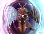 anthro big_breasts breasts brown_body brown_fur brown_hair feathered_wings feathers featureless_breasts female fur hair horn jewelry nude purple_eyes solo wings hakuhyogaki hellscythe_sparkle hybrid mammal hi_res