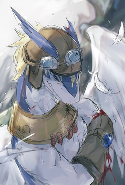 anthro aviator_cap blonde_hair blood blue_body blue_eyes bodily_fluids clenched_teeth clothing collar feathered_wings feathers furgonomic_piercing furgonomics gloves hair handwear male multicolored_body piercing semi-anthro solo sweat teeth two_tone_body white_body wing_piercing wings wounded osakana_gabu legendz mythology shiron dragon mythological_creature mythological_scalie scalie windragon hi_res