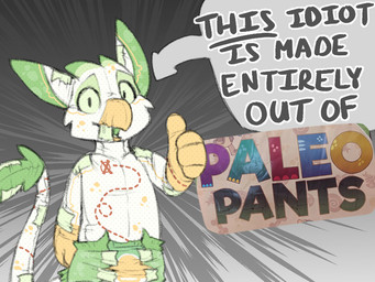 abstract_background ambiguous_gender anthro beak cheek_tuft claws clothed clothing diaper diaper_tape dipstick_ears ear_markings facial_tuft gesture green_diaper green_ear_tips green_hair green_inner_mouth green_markings green_sclera green_tail_tuft grey_background hair hand_gesture insult_of_endearment logo long_tail looking_at_viewer markings multicolored_ears open_mouth paleo_pants_(diaper) red_markings simple_background solo spots spotted_body standing tail tail_tuft text thin_tail thumbs_up tuft wearing_diaper white_body yellow_beak yellow_claws yellow_markings yellow_spots r3drunner mythology paleo_pants animate_inanimate avian diaper_creature gryphon mythological_avian mythological_creature 2026 4:3 english_text