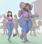 anthro barbecue before_and_after body_size_growth breast_expansion breasts brown_hair clothed clothing expansion female footwear group growth hair human_to_anthro jewelry mature_female navel nipple_outline outside shoes size_transformation slightly_chubby smile solo_focus species_transformation standing torn_clothing transformation trunk trunk_growth weight_gain beingobscene rockerbobo elephant elephantid human mammal proboscidean 2021 absurd_res hi_res