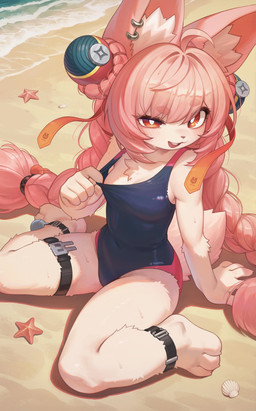 ahoge anklet anthro beach blush braided_hair breasts buckteeth clothing clothing_pull ear_piercing eyebrows female female_anthro fluffy fluffy_tail fur hair inner_ear_fluff jewelry long_hair looking_at_viewer one-piece_swimsuit piercing pigtails pink_body pink_fur pink_hair pupils red_eyes sand seductive sitting small_breasts smile solo swimwear tail teasing teeth thick_eyebrows thick_thighs thigh_strap tuft twin_braids wariza water wet white_pupils xmfranz mihoyo zenless_zone_zero zhao asterozoan echinoderm lagomorph leporid mammal marine rabbit starfish absurd_res hi_res
