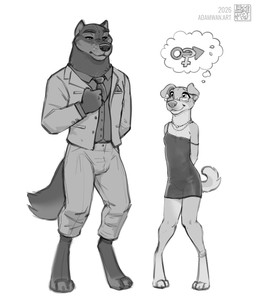 anthro black_body black_fur clothing dress duo female fur gender_symbol male nervous nervous_smile short_dress size_difference standing suit symbol zaush amber_(zaush) canid canine canis domestic_dog mammal wolf hi_res monochrome