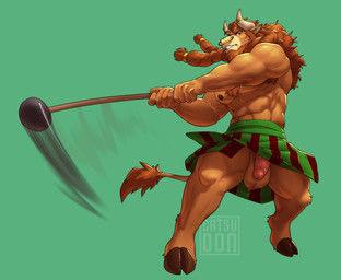 abs anthro areola ball_tuft balls beard bottomwear brown_body brown_hair clothed clothing facial_hair facial_piercing fingers flaccid fur genitals glans green_background hair hammer_throw holding_object hooves horn humanoid_genitalia humanoid_penis kilt male muscular muscular_anthro muscular_male nipples no_underwear nose_piercing nose_ring pecs penis piercing ring_piercing scottish_hammer_throw septum_piercing simple_background solo tail topless topless_anthro topless_male tuft catsudon bovid bovine cattle felid feline felis mammal digital_media_(artwork)