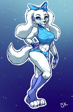4_toes 5_fingers accessory anthro black_nose bow_ribbon breasts clothed clothed_anthro clothed_female clothing feet female fingerless_gloves fingers fur gloves hair_accessory hair_bow hair_ribbon handwear hindpaw humanoid_hands paws ribbons smile solo tail toes white_body white_fur naaraskettu nintendo star_fox fay_(star_fox) bird_dog canid canine canis domestic_dog hunting_dog mammal spaniel absurd_res hi_res